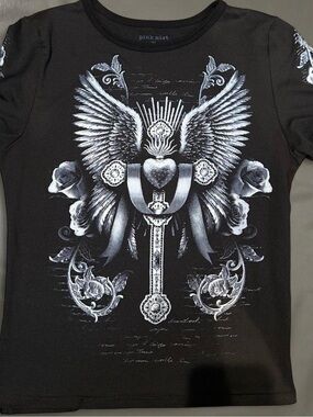 Y2K Pink mist Black goth grunge shirt with angel wings and cross design#y2k